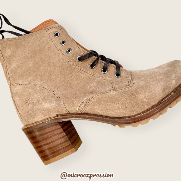 $399 Frye Sabrina 6G Lace Up Beige/Tan Suede/Leather Combat Moto Cute Ankle Boot - Picture 15 of 16